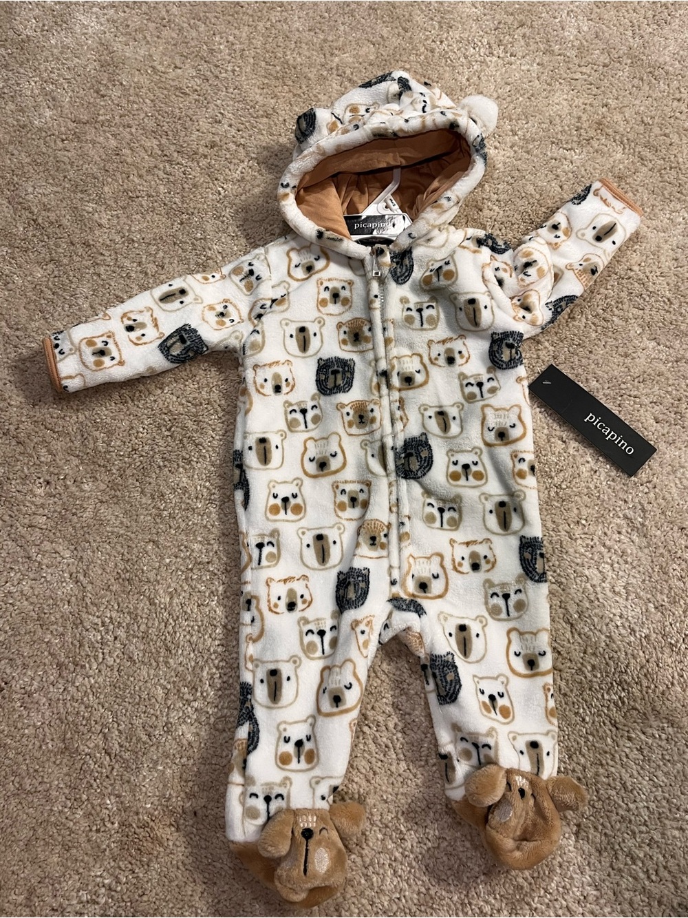 Picapino Baby Hooded Fleece Zip Coverall Bear Animal Print White 3-6M footie